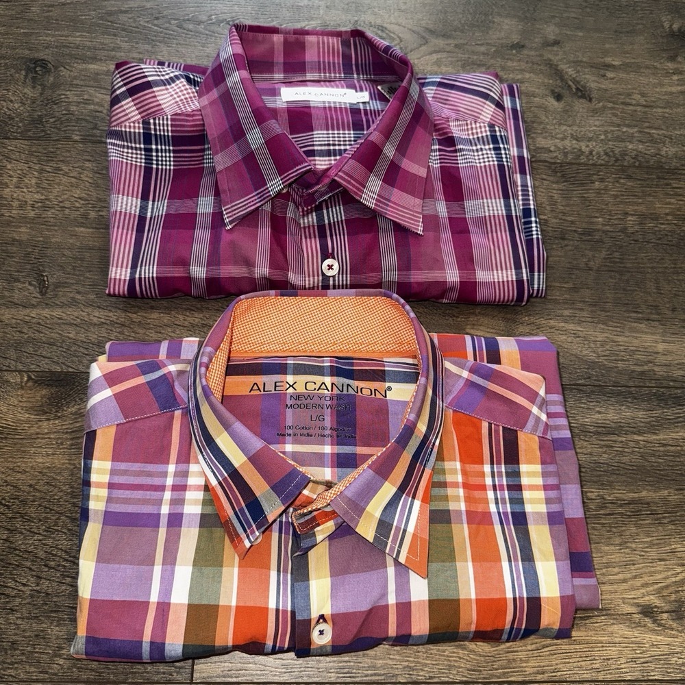 2 Alex Cannon Mens Long Sleeves Oxford Shirts Button Up Striped Plaid Polo L/G
